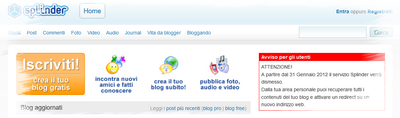 Home page di Splinder a Gennaio 2012